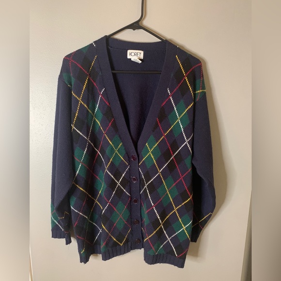 Vintage Sweaters - Vintage Argyle Sweater 1990s Koret Cardigan Grunge Sweater - Women's Medium